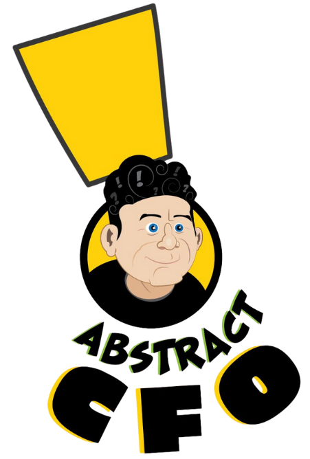 Cartoon illustration of a man, Evan Winegard's head with curly black hair and expressive blue eyes, under a large yellow exclamation mark. Below is the stylized text “Abstract CFO.”